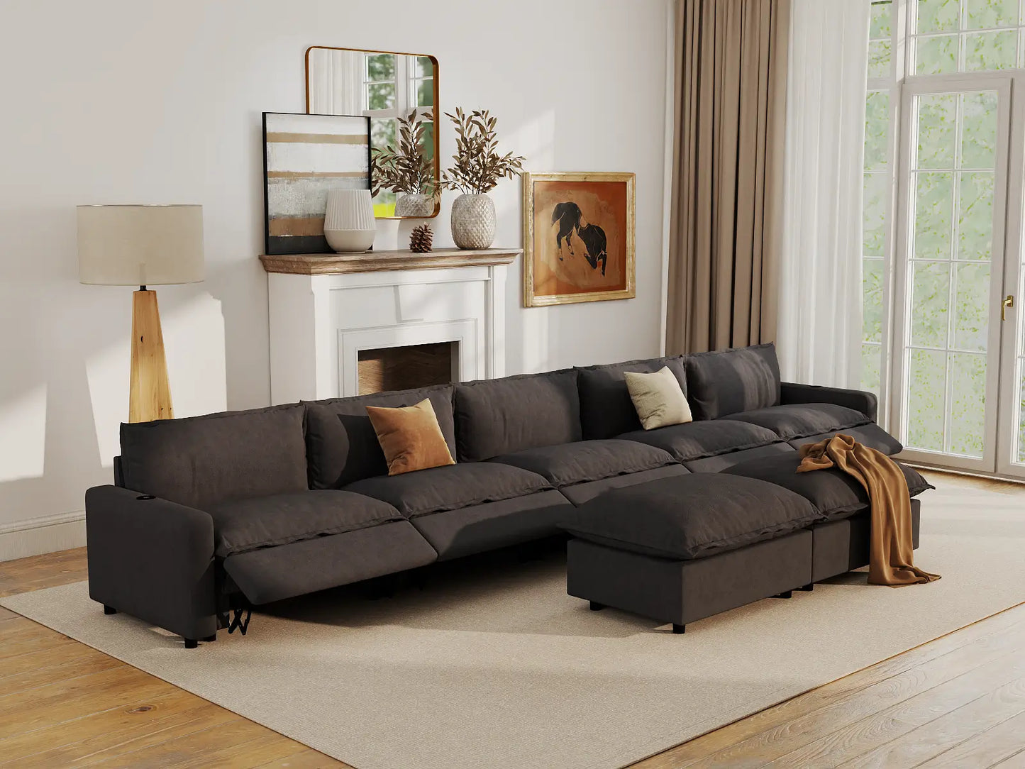 Modular Cero Reclining Sectionals | 7-Piece Grey Linen Large Space Sofa Sets 5-Seater with 2-Ottomans