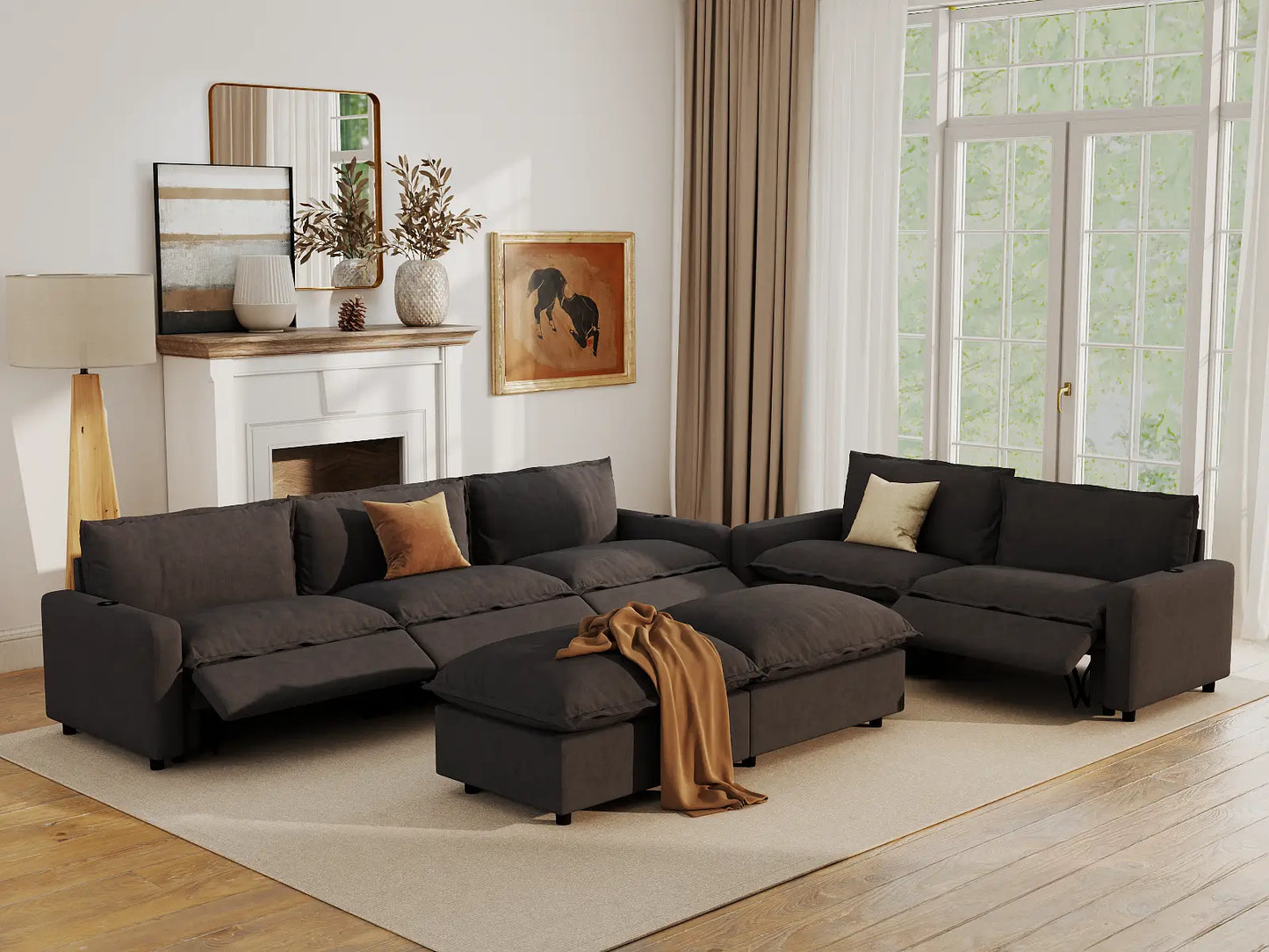 Modular Cero Reclining Sectionals | 7-Piece Grey Linen Large Space Sofa Sets 5-Seater with 2-Ottomans