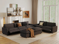 Modular Cero Reclining Sectionals | 7-Piece Grey Linen Large Space Sofa Sets 5-Seater with 2-Ottomans