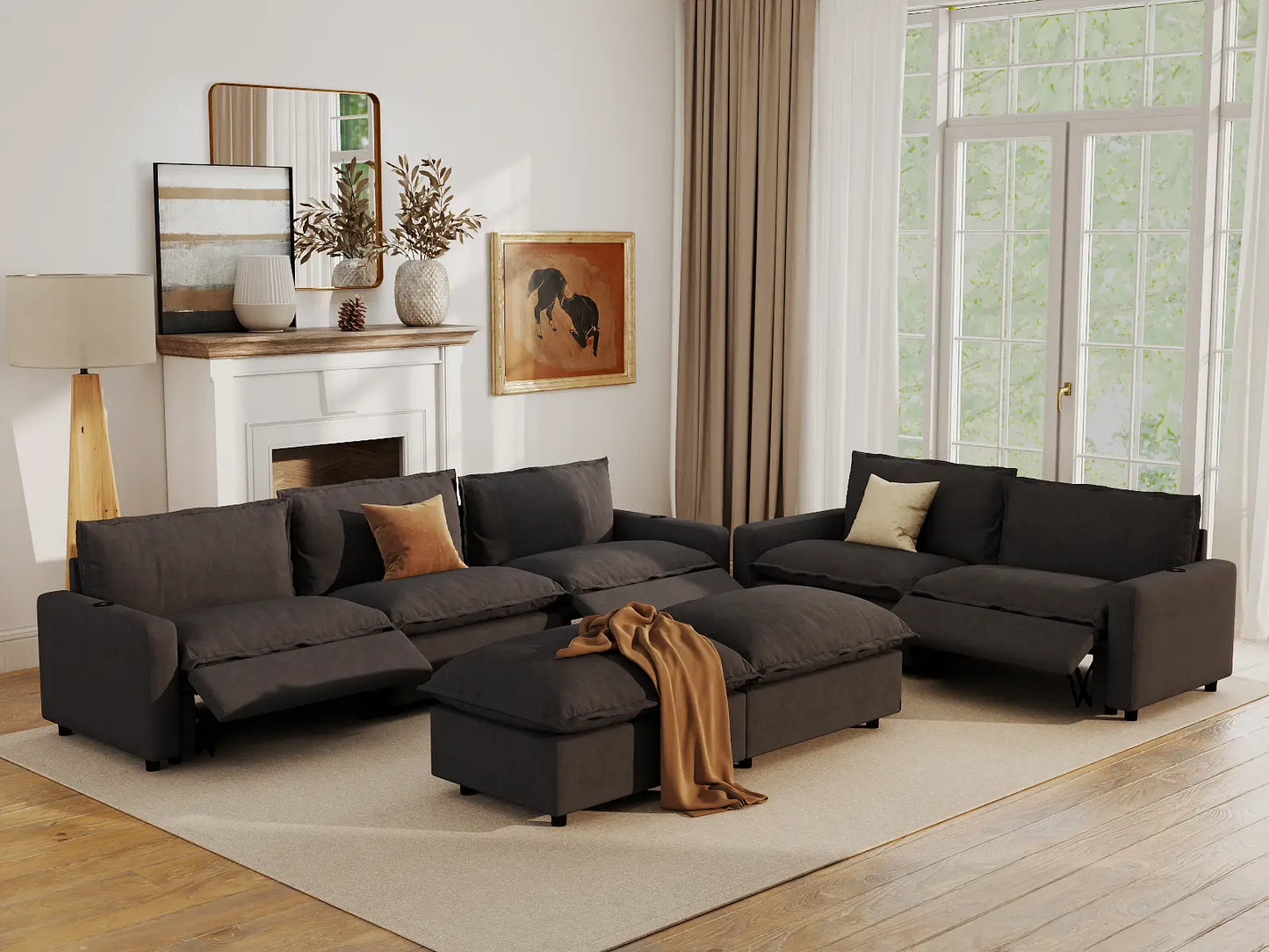 Modular Cero Reclining Sectionals | 7-Piece Grey Linen Large Space Sofa Sets 5-Seater with 2-Ottomans