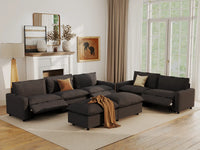 Modular Cero Reclining Sectionals | 7-Piece Grey Linen Large Space Sofa Sets 5-Seater with 2-Ottomans