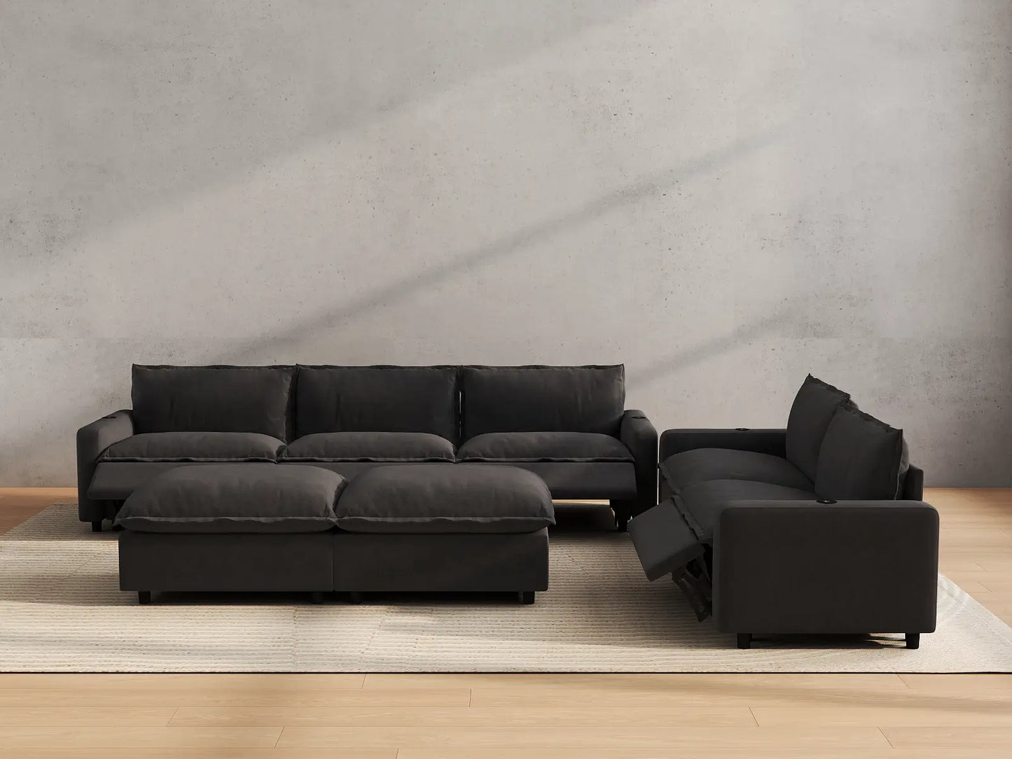 Modular Cero Reclining Sectionals | 7-Piece Grey Linen Large Space Sofa Sets 5-Seater with 2-Ottomans
