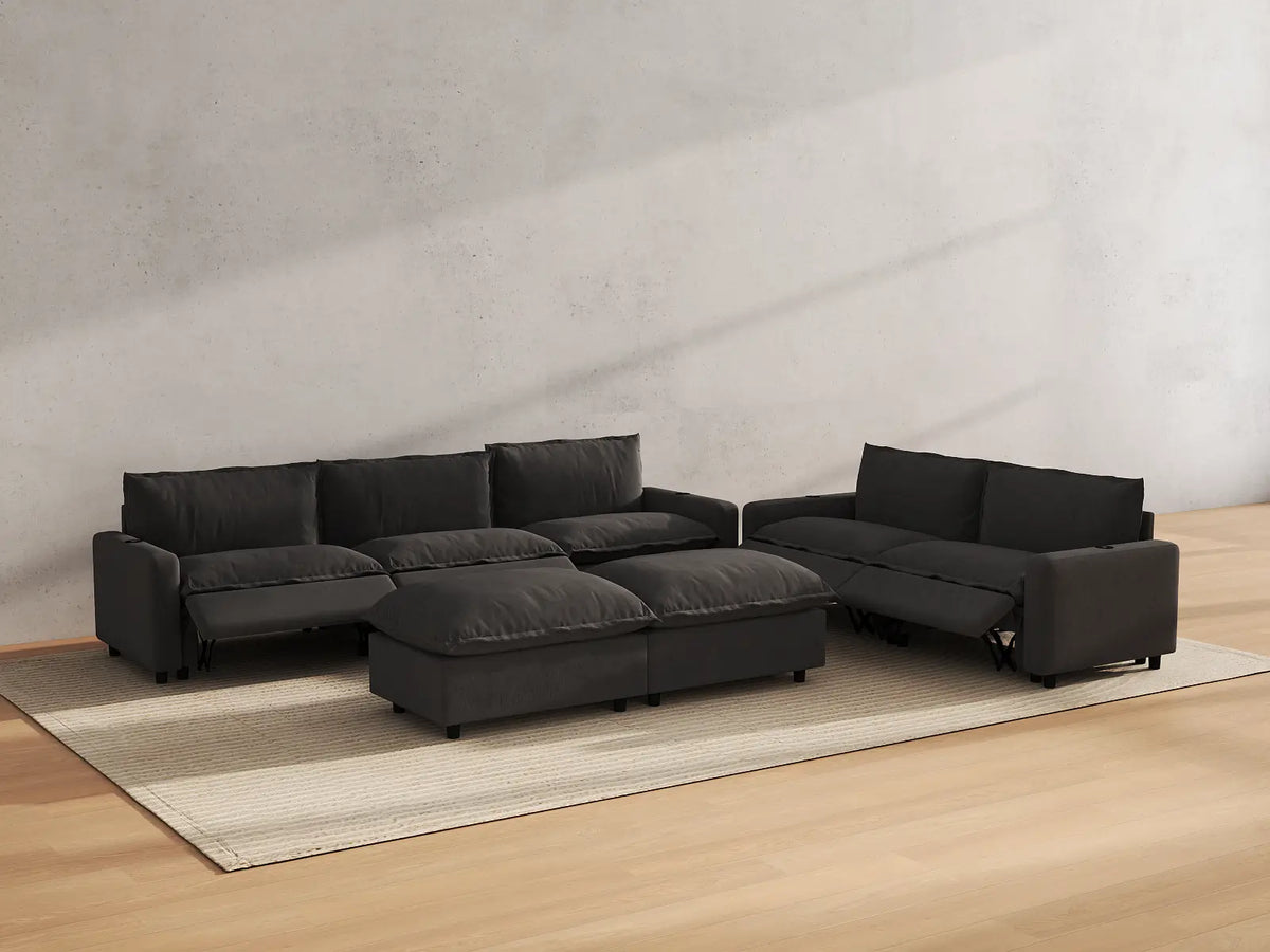 Modular Cero Reclining Sectionals | 7-Piece Grey Linen Large Space Sofa Sets 5-Seater with 2-Ottomans
