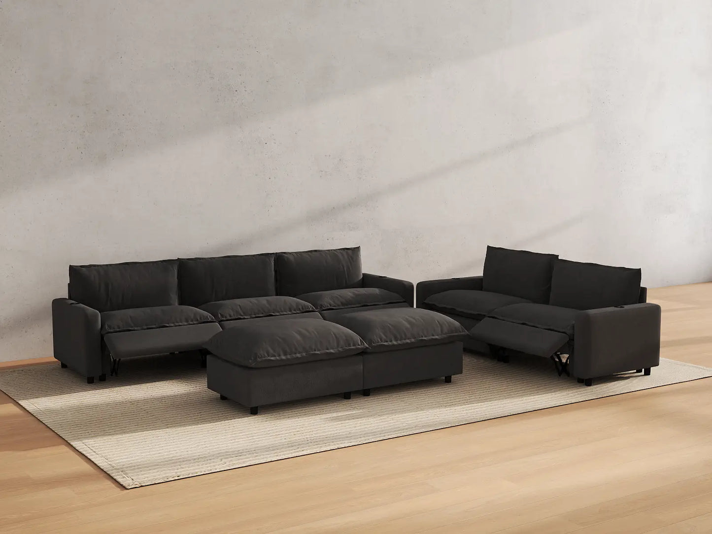 Modular Cero Reclining Sectionals | 7-Piece Grey Linen Large Space Sofa Sets 5-Seater with 2-Ottomans