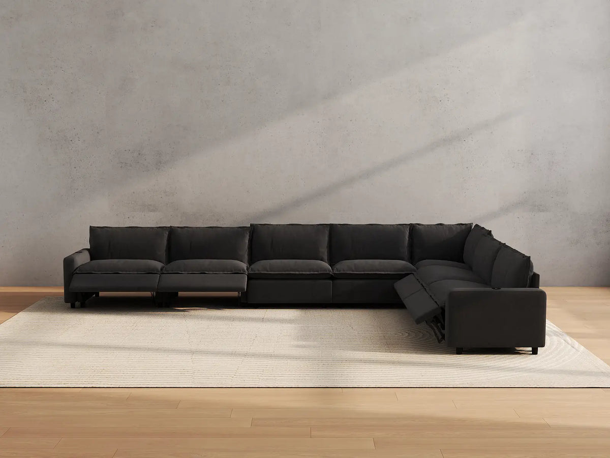 Modular Cero Reclining Sectionals | 7-Piece Grey Linen Large Space V-Shaped Sectionals 7-Seater