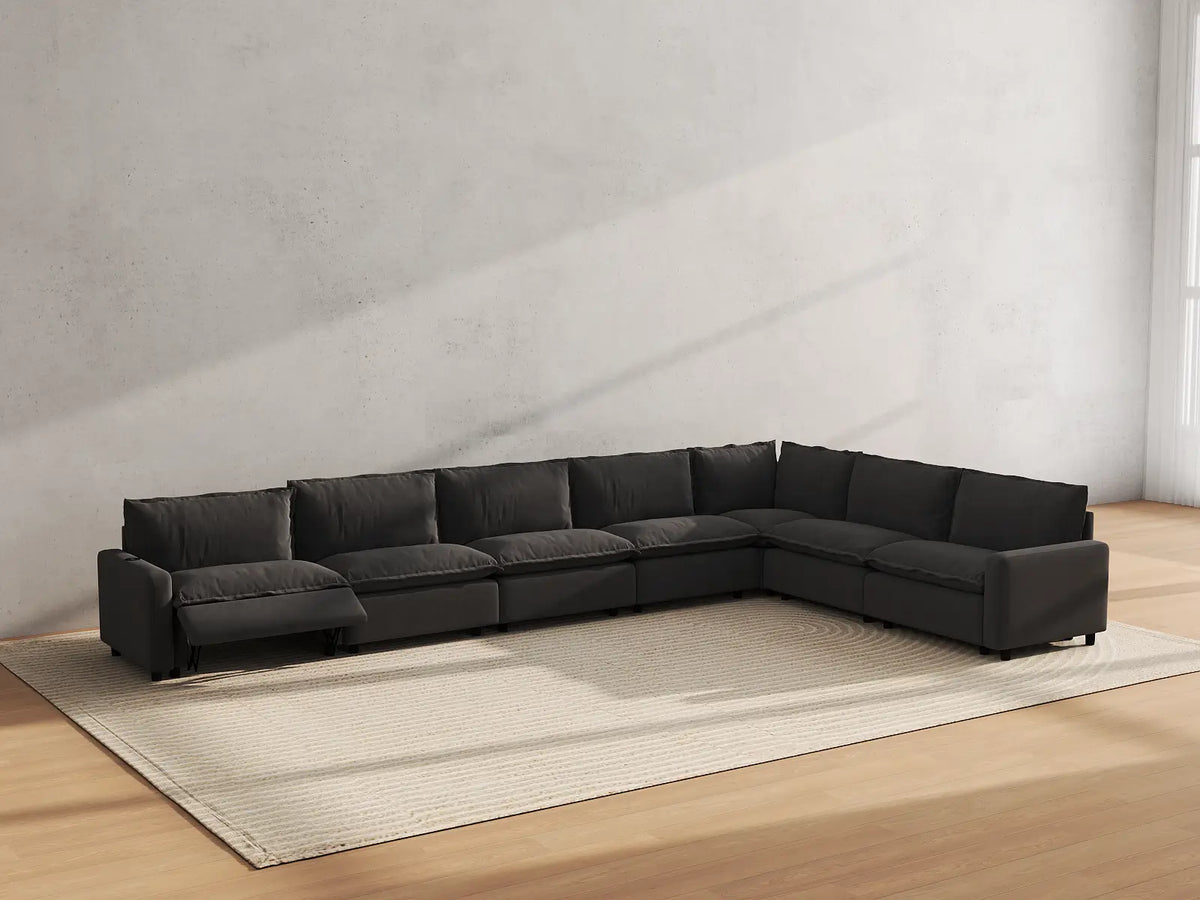 Modular Cero Reclining Sectionals | 7-Piece Grey Linen Large Space V-Shaped Sectionals 7-Seater