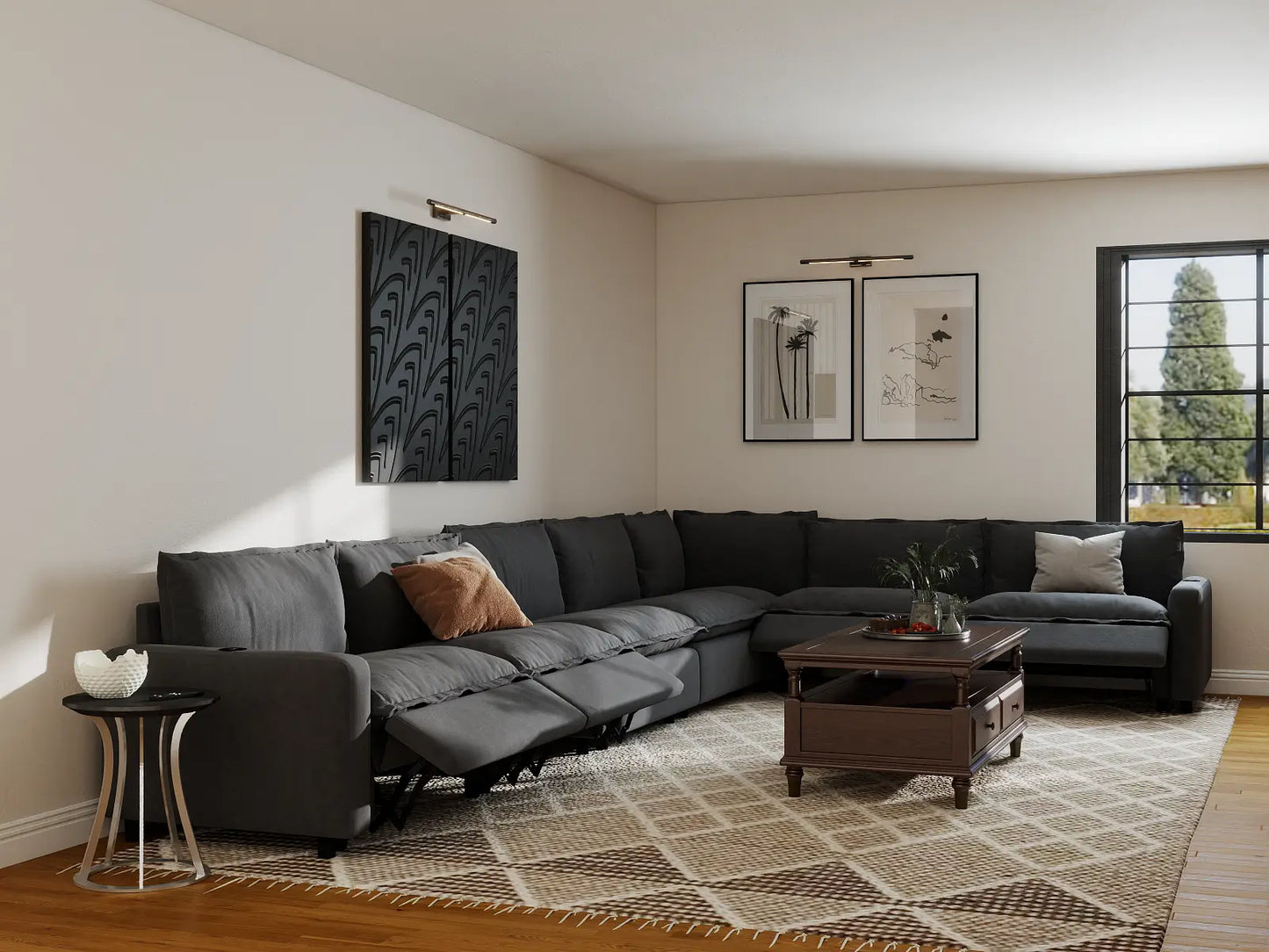 Modular Cero Reclining Sectionals | 7-Piece Grey Linen Large Space V-Shaped Sectionals 7-Seater