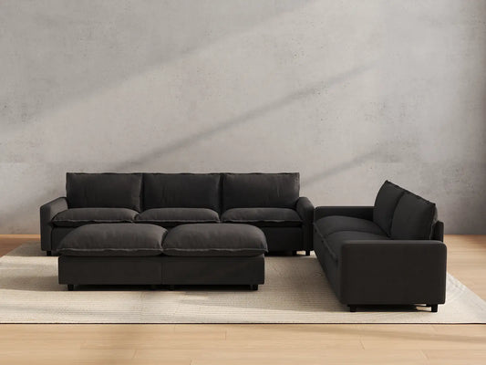 Modular Cero Modular Sectionals | 7-Piece Grey Linen Open Plan Sofa Sets 5-Seater with 2-Ottomans