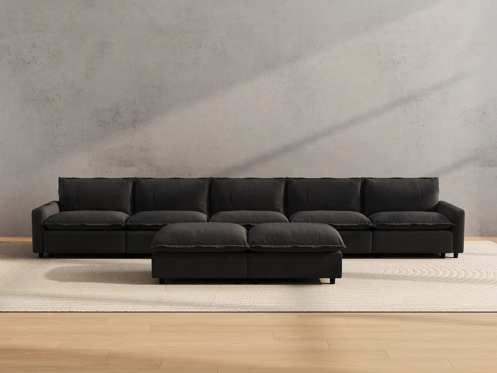 Modular Cero Sofa and Recliner Set | 7-Piece Grey Linen Open Plan Sofa Sets 5-Seater with 2-Ottomans