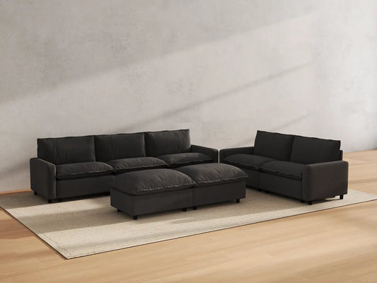 Modular Cero Modular Sectionals | 7-Piece Grey Linen Open Plan Sofa Sets 5-Seater with 2-Ottomans