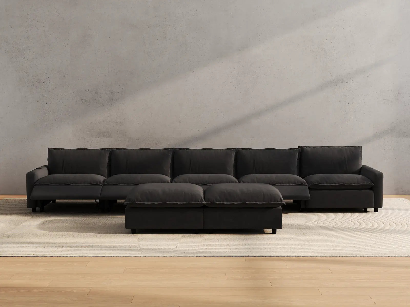 Modular Cero Sofa and Recliner Set | 7-Piece Grey Linen Open Plan Sofa Sets 5-Seater with 2-Ottomans