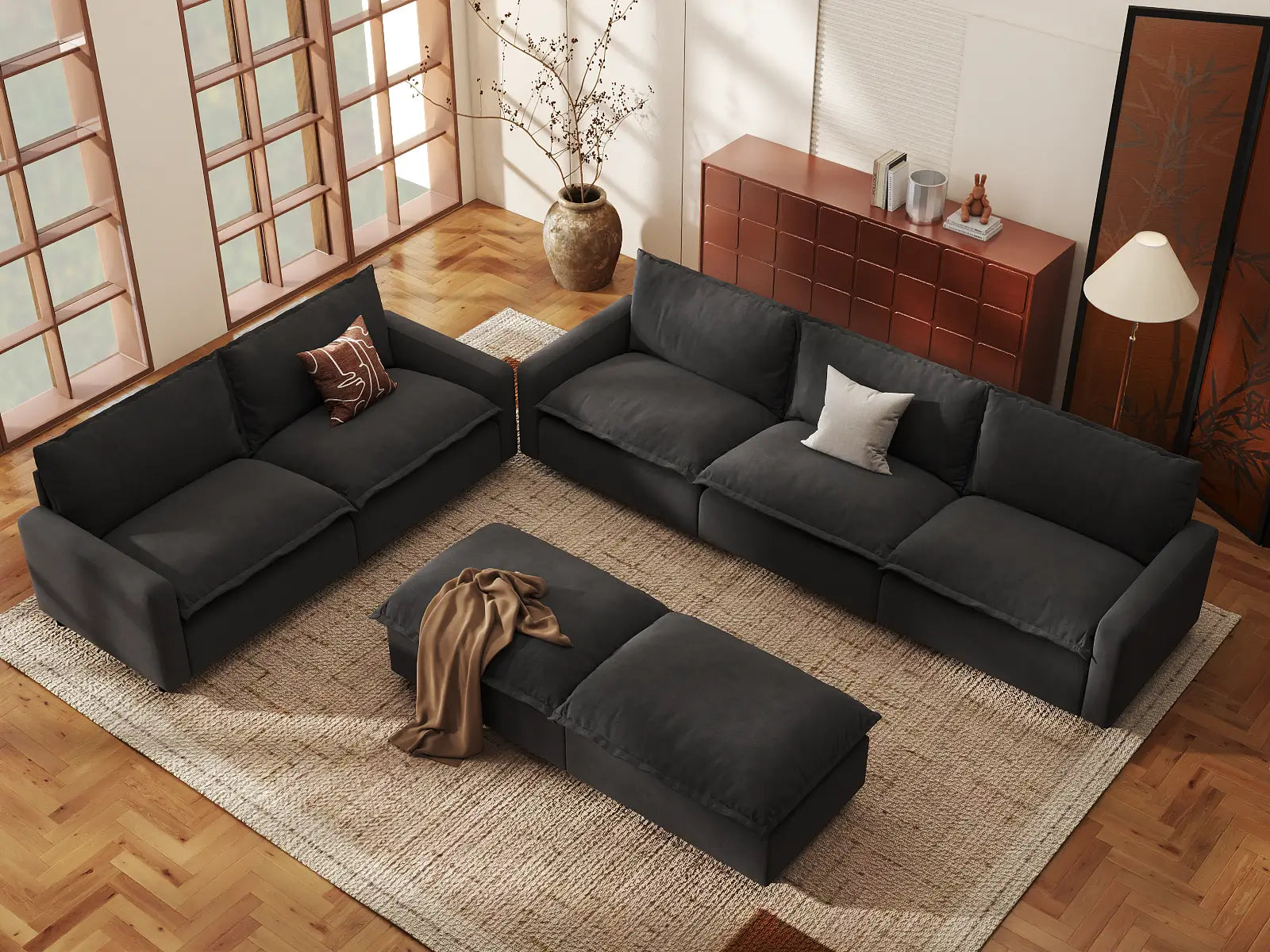 Modular Cero Oversized Modular Sectional Sofa | 7-Piece Grey Linen Open Plan Sofa Sets 5-Seater with 2-Ottomans