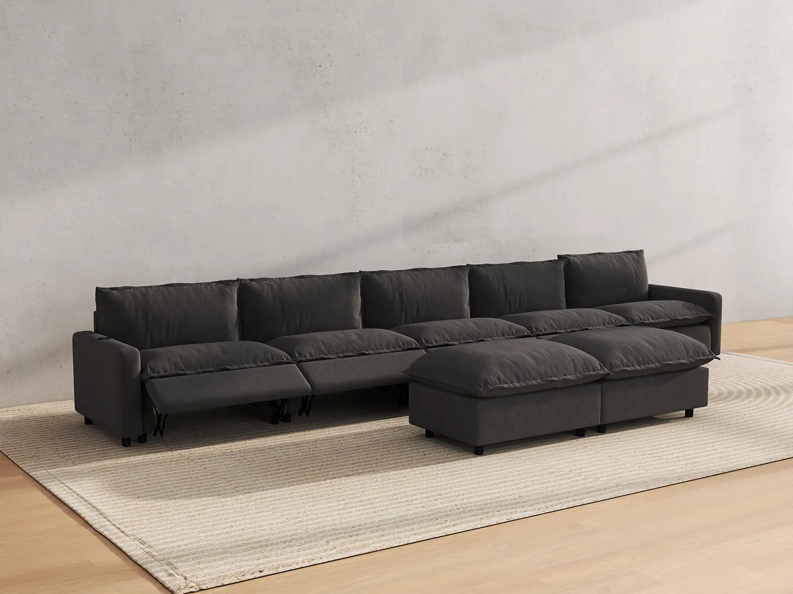 Modular Cero Sofa and Recliner Set | 7-Piece Grey Linen Open Plan Sofa Sets 5-Seater with 2-Ottomans