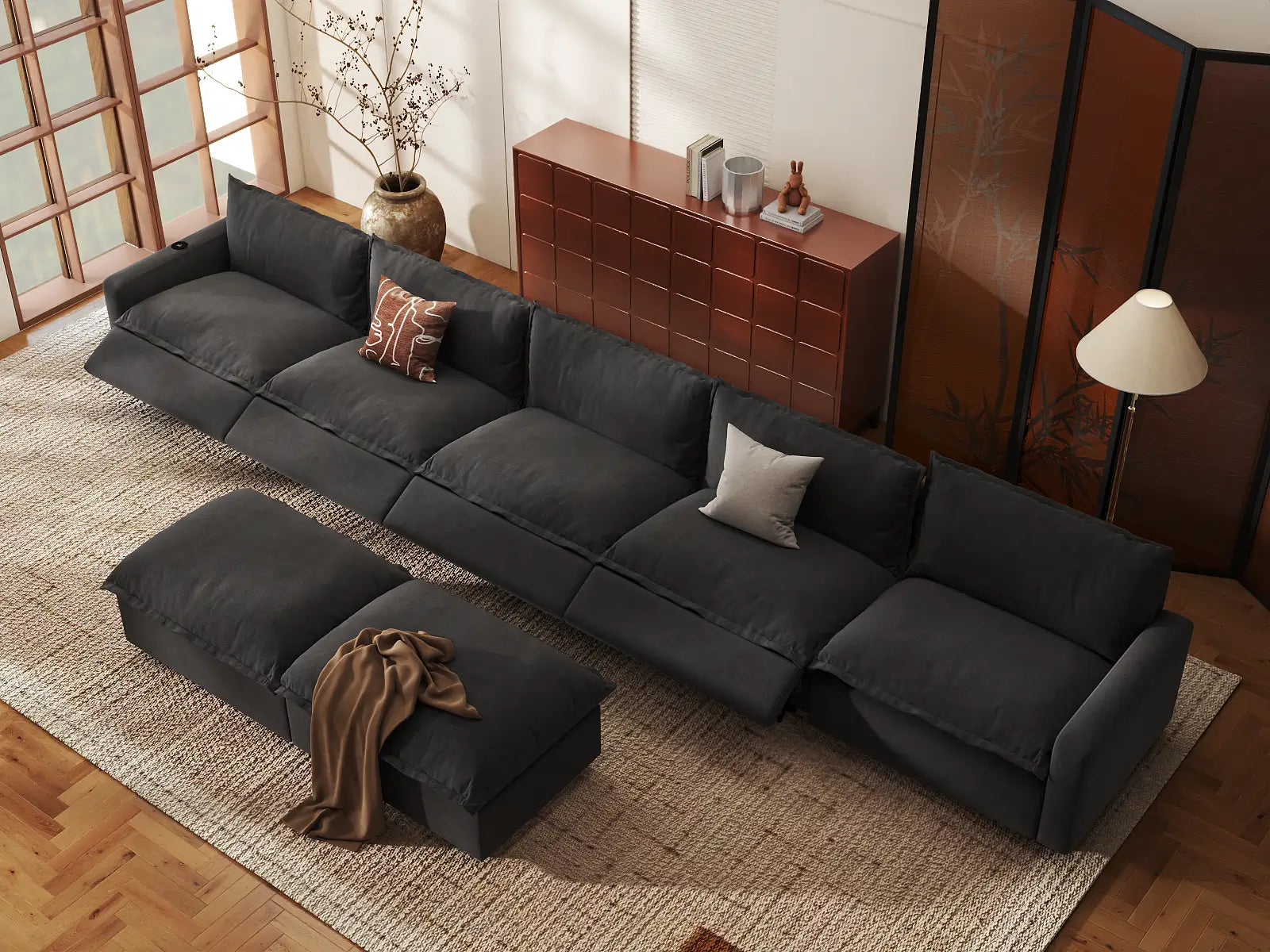 Modular Cero Sofa and Recliner Set | 7-Piece Grey Linen Open Plan Sofa Sets 5-Seater with 2-Ottomans