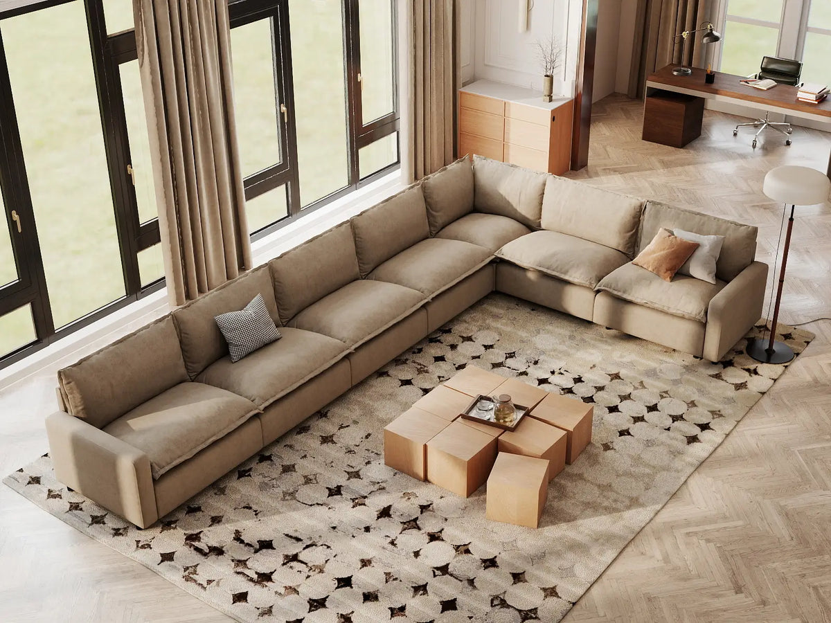 Modular Cero Modular Sectionals | 7-Piece Khaki Linen Grand Estate V-Shaped Sectionals 7-Seater