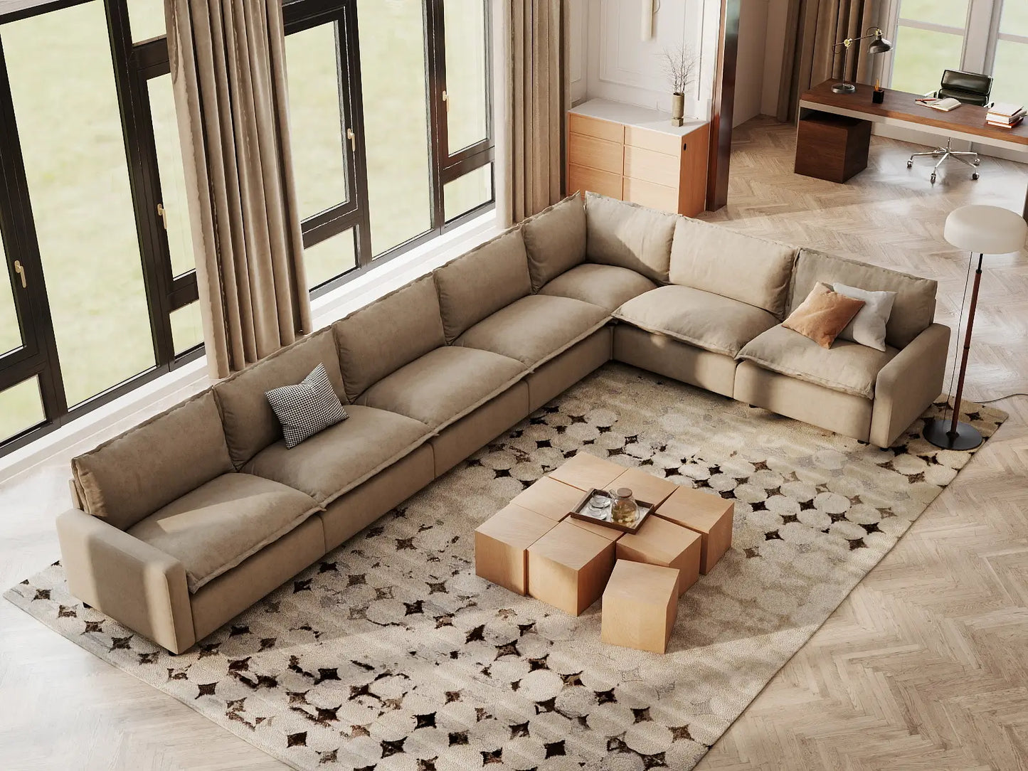 Modular Cero Modular Sectionals | 7-Piece Khaki Linen Grand Estate V-Shaped Sectionals 7-Seater