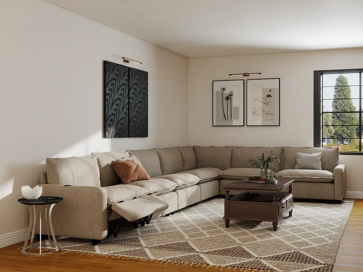 Modular Cero Reclining Sectionals | 7-Piece Khaki Linen Grand Estate V-Shaped Sectionals 7-Seater