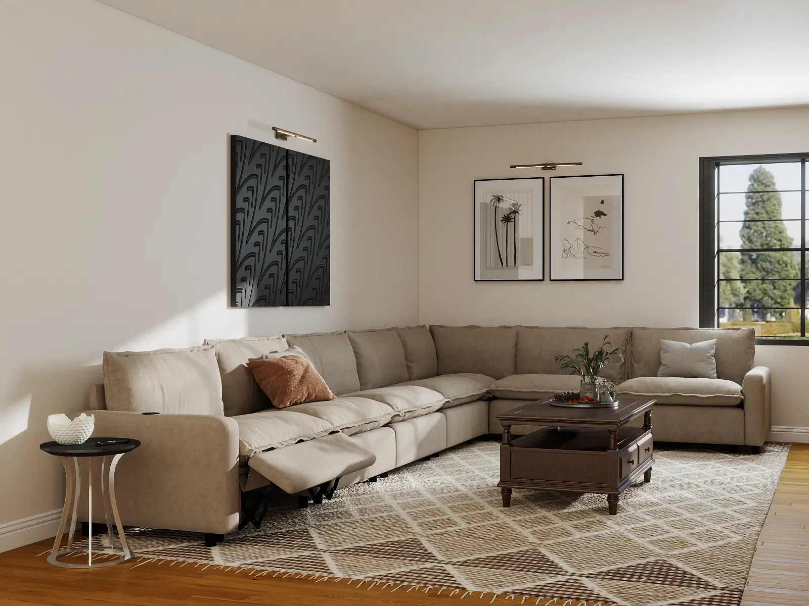 Modular Cero Sectional Reclining Sofa | 7-Piece Khaki Linen Grand Estate V-Shaped Sectionals 7-Seater