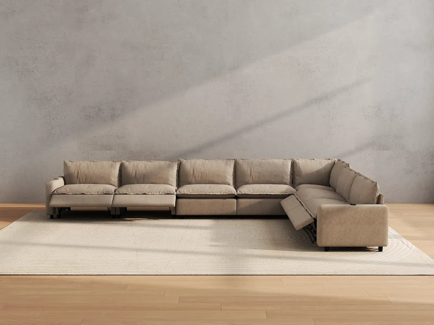 Modular Cero Reclining Sectionals | 7-Piece Khaki Linen Grand Estate V-Shaped Sectionals 7-Seater