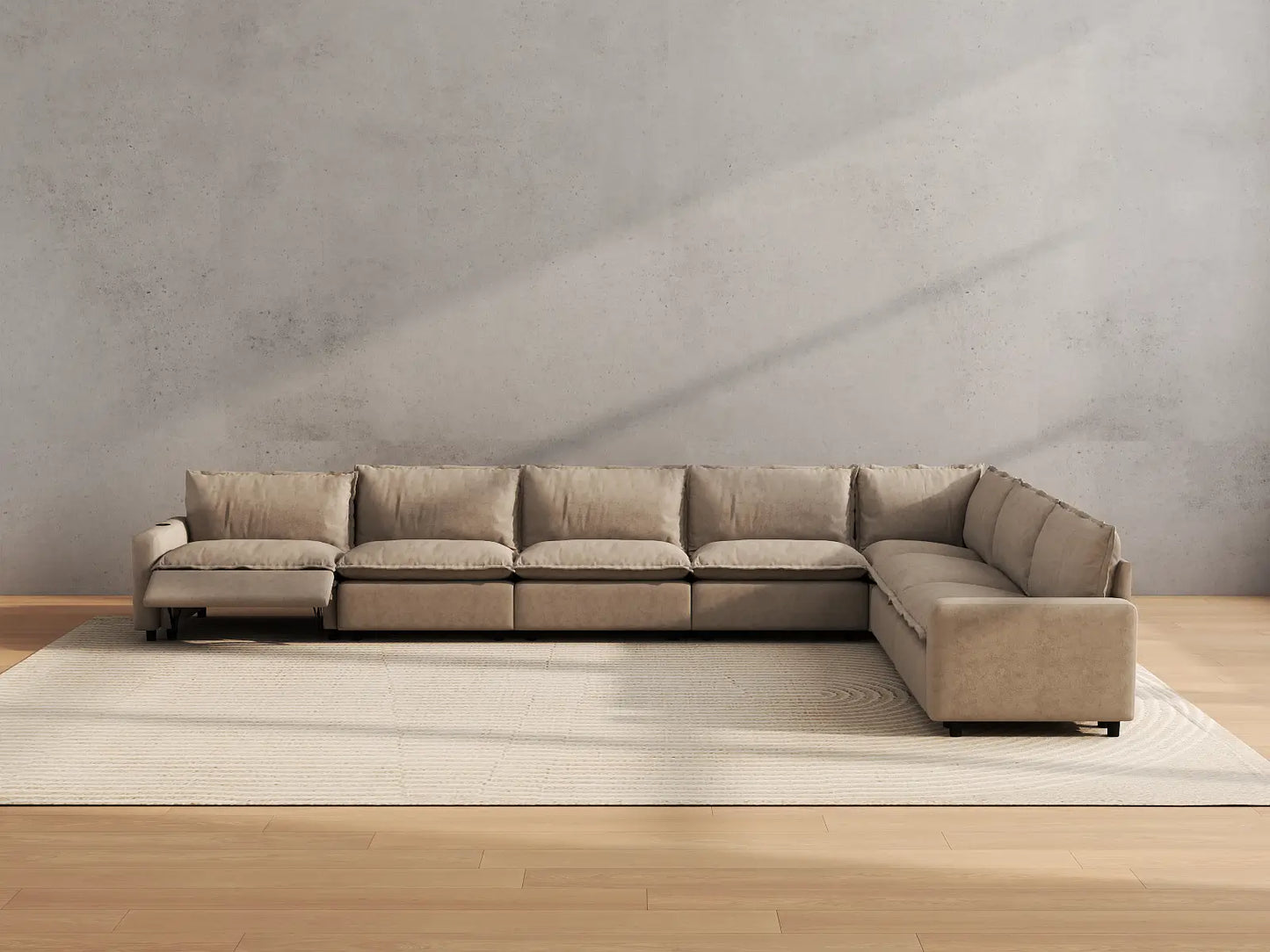Modular Cero Reclining Sectionals | 7-Piece Khaki Linen Grand Estate V-Shaped Sectionals 7-Seater