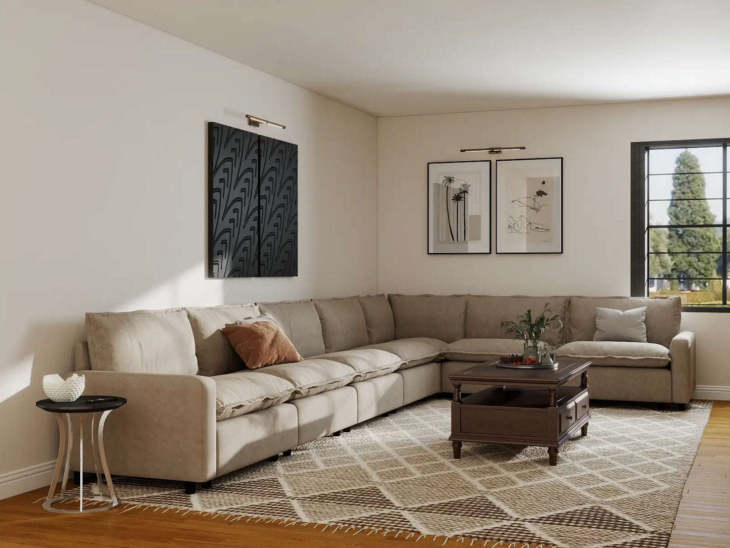Modular Cero Modular Sectionals | 7-Piece Khaki Linen Grand Estate V-Shaped Sectionals 7-Seater