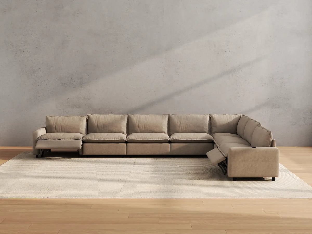 Modular Cero Reclining Sectionals | 7-Piece Khaki Linen Grand Estate V-Shaped Sectionals 7-Seater
