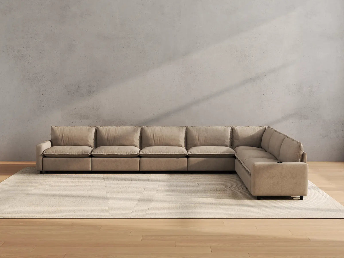 Modular Cero Reclining Sectionals | 7-Piece Khaki Linen Grand Estate V-Shaped Sectionals 7-Seater