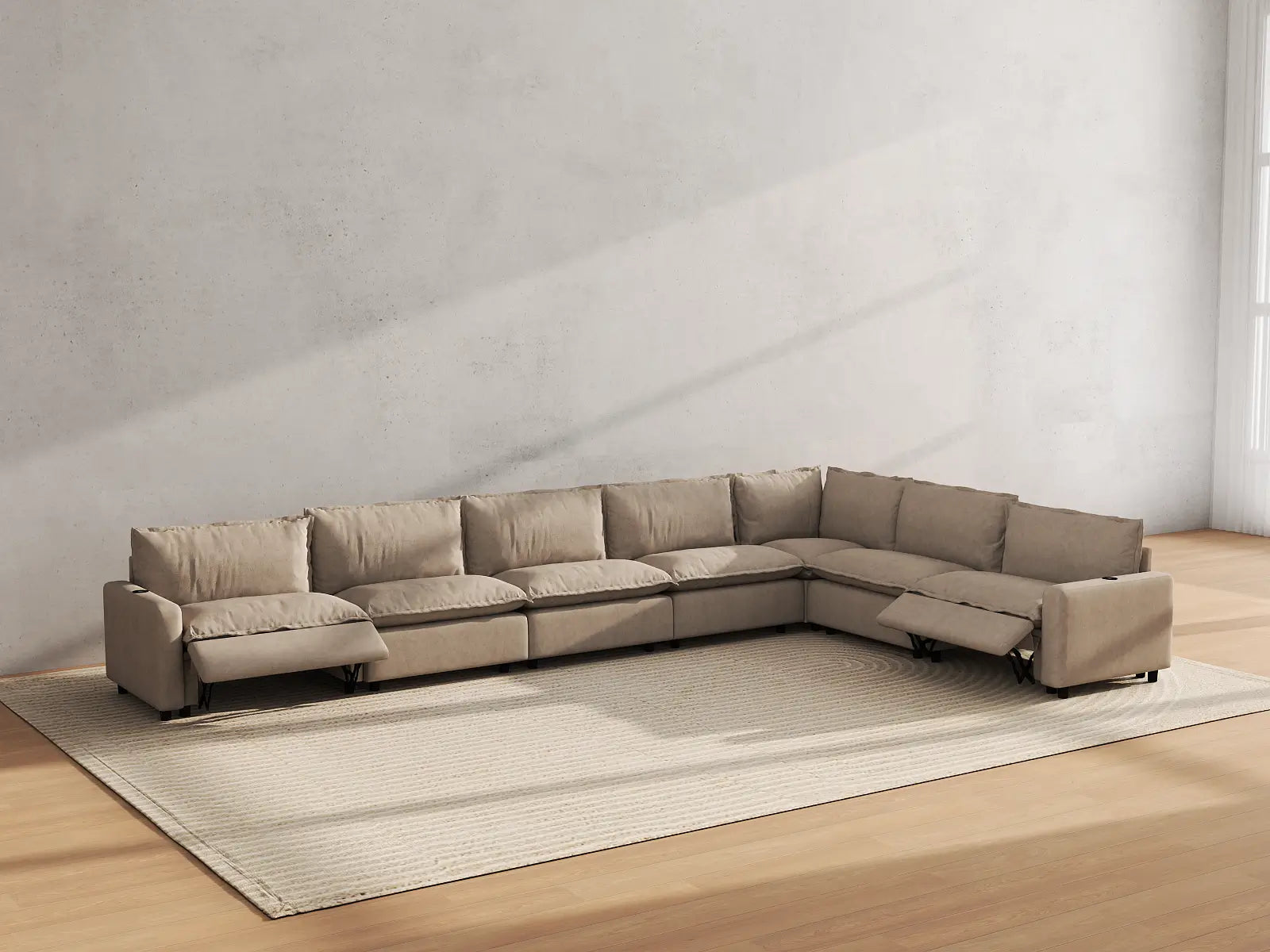 Modular Cero Sectional Reclining Couch | 7-Piece Khaki Linen Grand Estate V-Shaped Sectionals 7-Seater