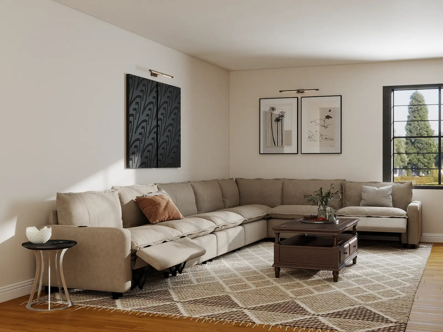 Modular Cero Reclining Sectionals | 7-Piece Khaki Linen Grand Estate V-Shaped Sectionals 7-Seater