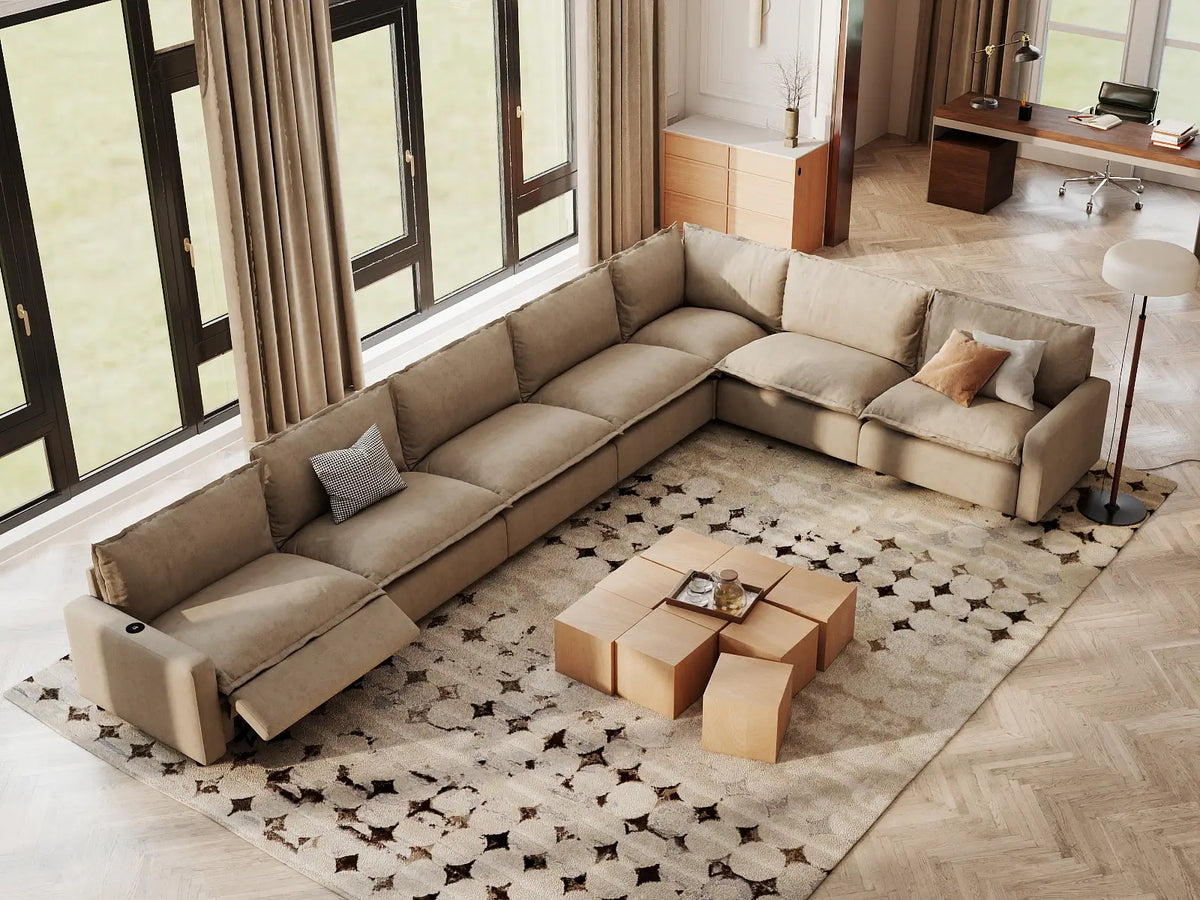 Modular Cero Reclining Sectionals | 7-Piece Khaki Linen Grand Estate V-Shaped Sectionals 7-Seater