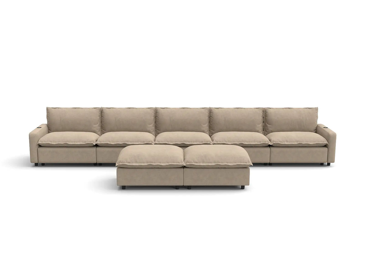 Modular Cero Reclining Sectionals | 7-Piece Khaki Linen Large Space Sofa Sets 5-Seater with 2-Ottomans