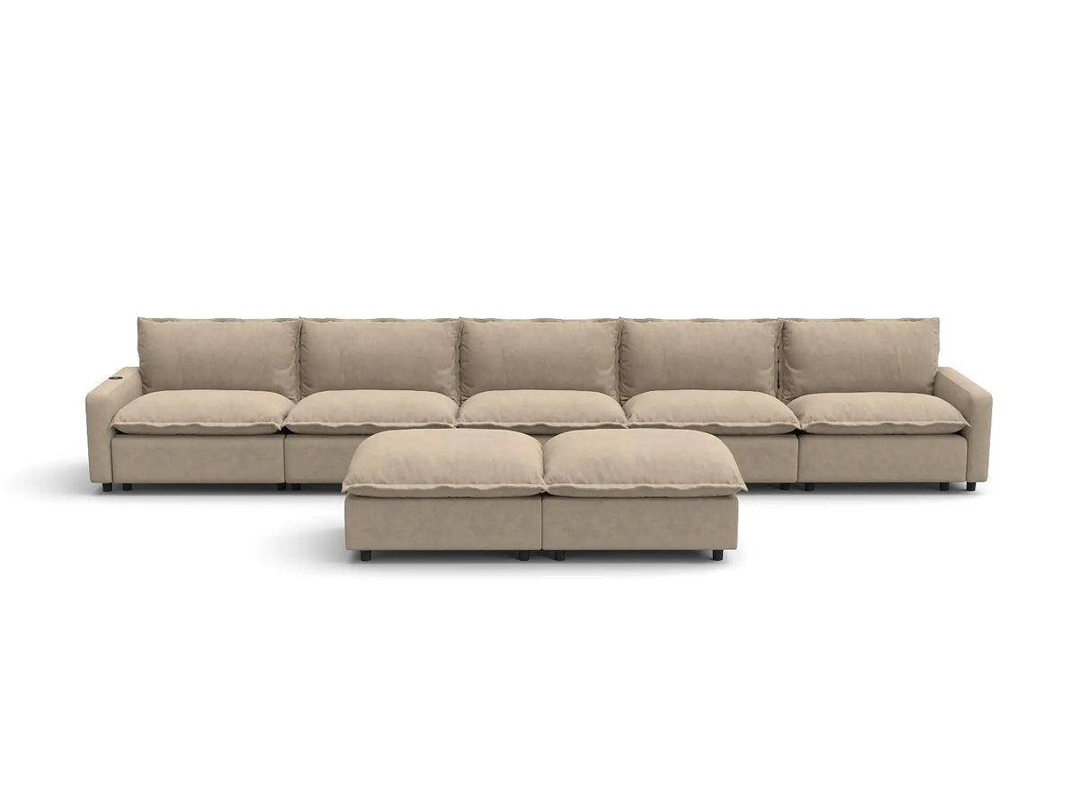 Modular Cero Reclining Sectionals | 7-Piece Khaki Linen Large Space Sofa Sets 5-Seater with 2-Ottomans