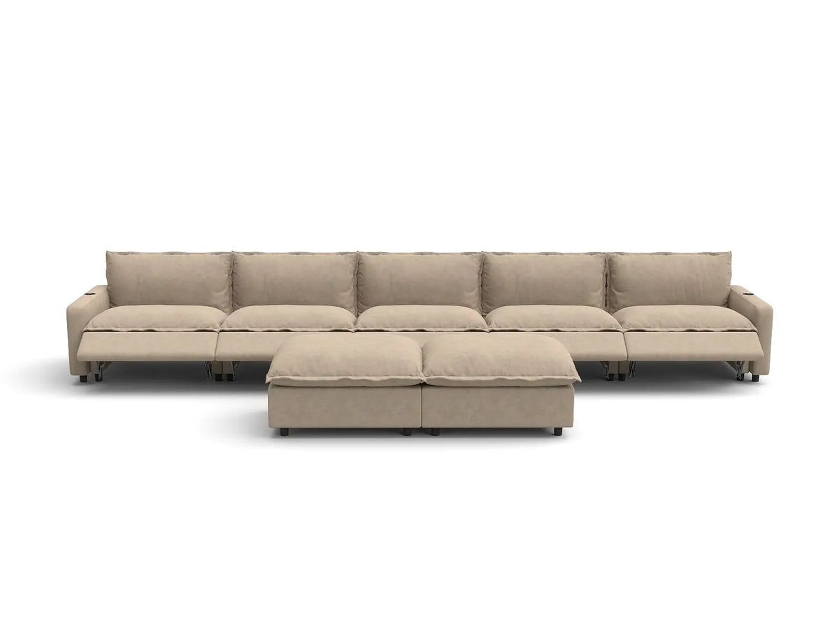 Modular Cero Reclining Sectionals | 7-Piece Khaki Linen Large Space Sofa Sets 5-Seater with 2-Ottomans