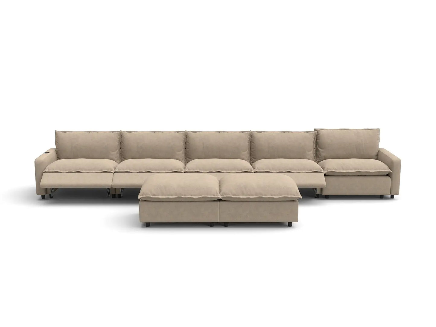 Modular Cero Reclining Sectionals | 7-Piece Khaki Linen Large Space Sofa Sets 5-Seater with 2-Ottomans