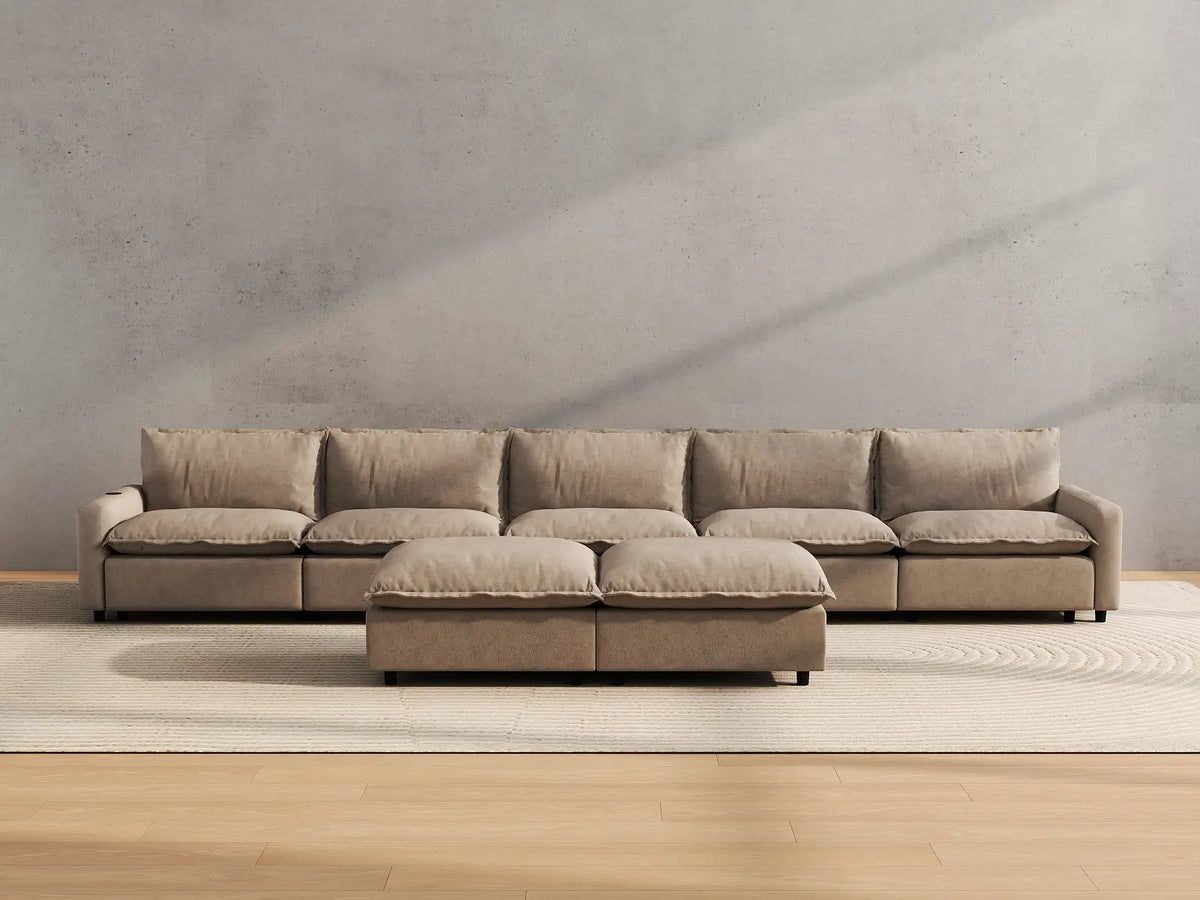Modular Cero Reclining Sectionals | 7-Piece Khaki Linen Large Space Sofa Sets 5-Seater with 2-Ottomans
