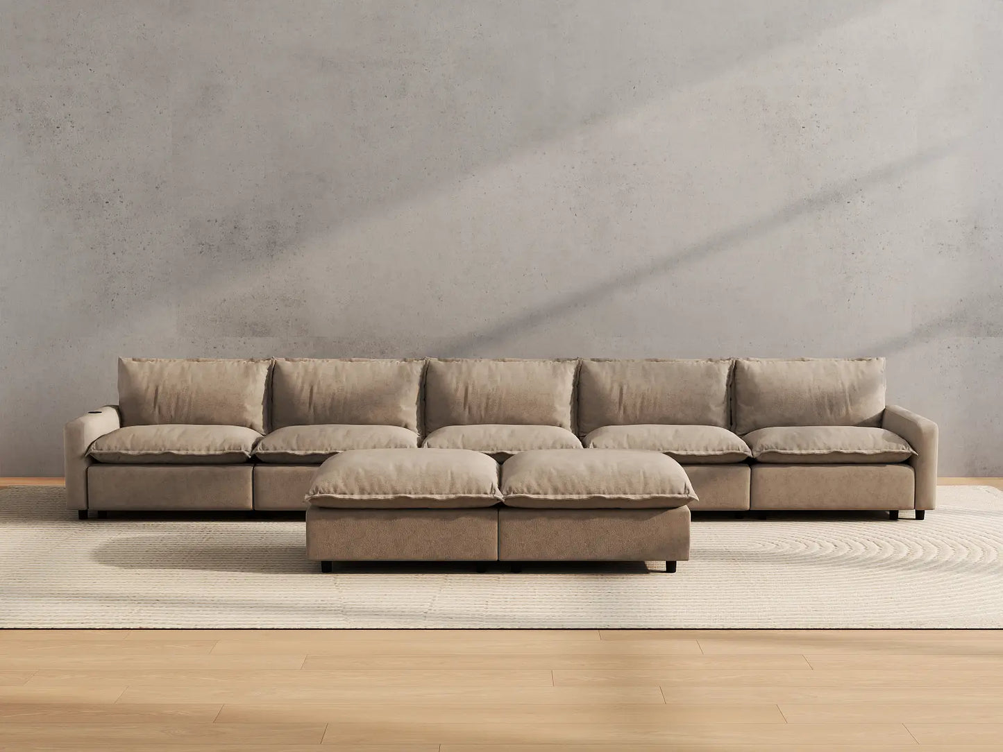 Modular Cero Reclining Sectionals | 7-Piece Khaki Linen Large Space Sofa Sets 5-Seater with 2-Ottomans