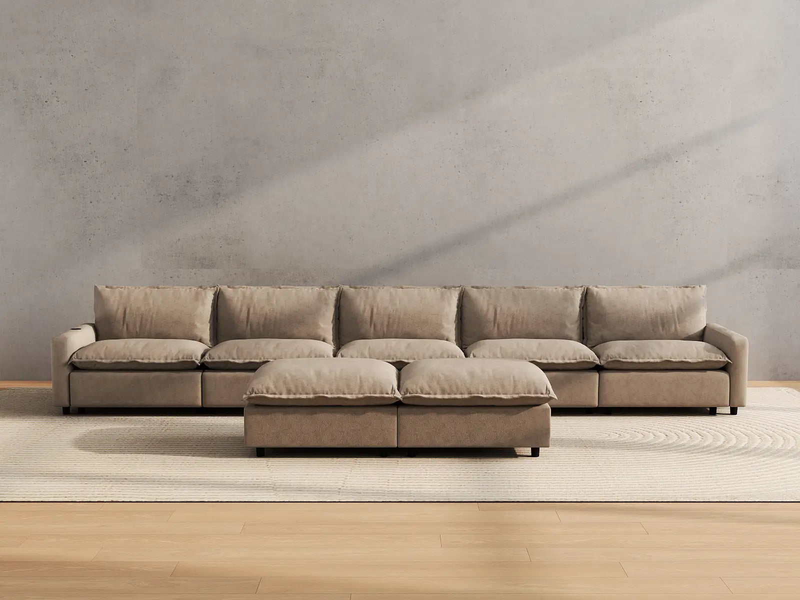 Modular Cero Reclining Sofa Set | 7-Piece Khaki Linen Large Space Sofa Sets 5-Seater with 2-Ottomans