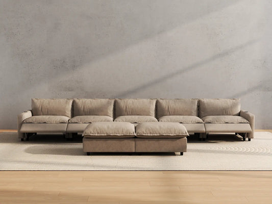 Modular Cero Reclining Sectionals | 7-Piece Khaki Linen Large Space Sofa Sets 5-Seater with 2-Ottomans