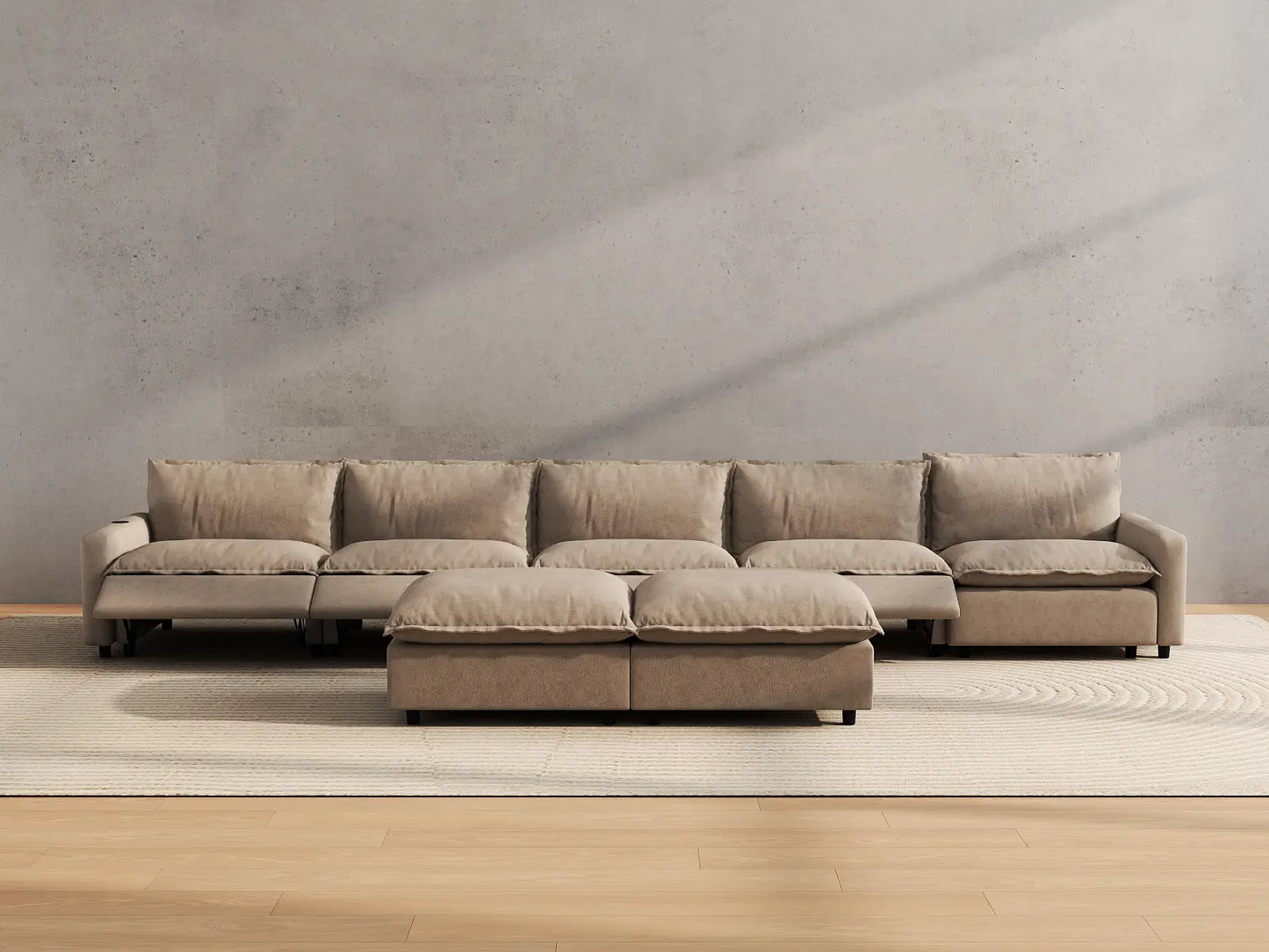 Modular Cero Reclining Sectionals | 7-Piece Khaki Linen Large Space Sofa Sets 5-Seater with 2-Ottomans
