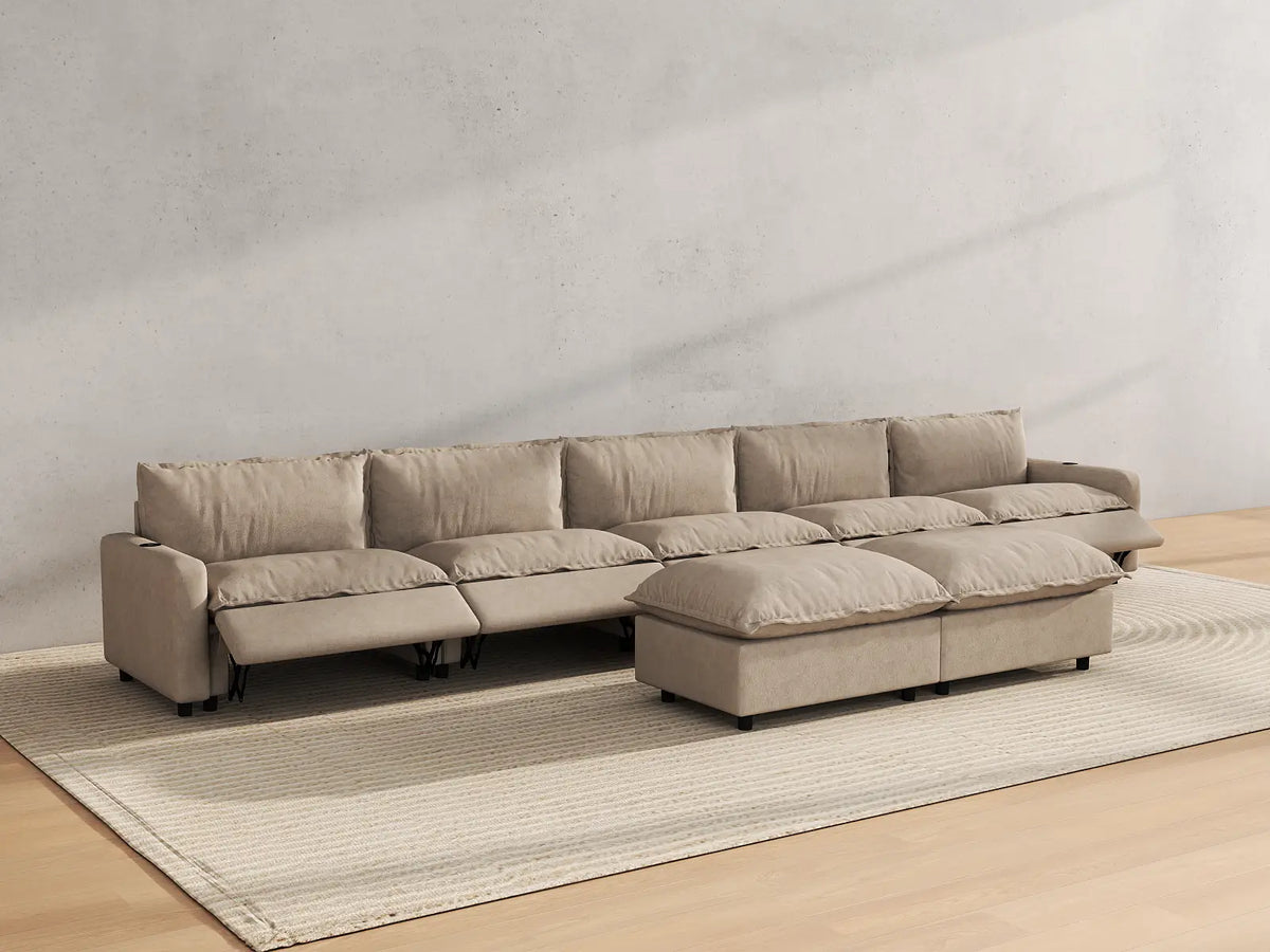 Modular Cero Reclining Sectionals | 7-Piece Khaki Linen Large Space Sofa Sets 5-Seater with 2-Ottomans