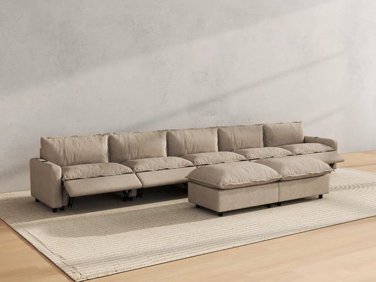Modular Cero Reclining Sectionals | 7-Piece Khaki Linen Large Space Sofa Sets 5-Seater with 2-Ottomans