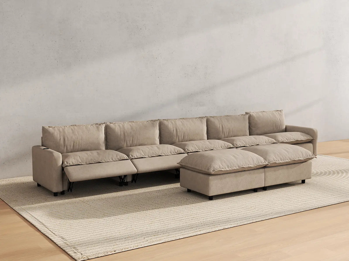 Modular Cero Reclining Sectionals | 7-Piece Khaki Linen Large Space Sofa Sets 5-Seater with 2-Ottomans
