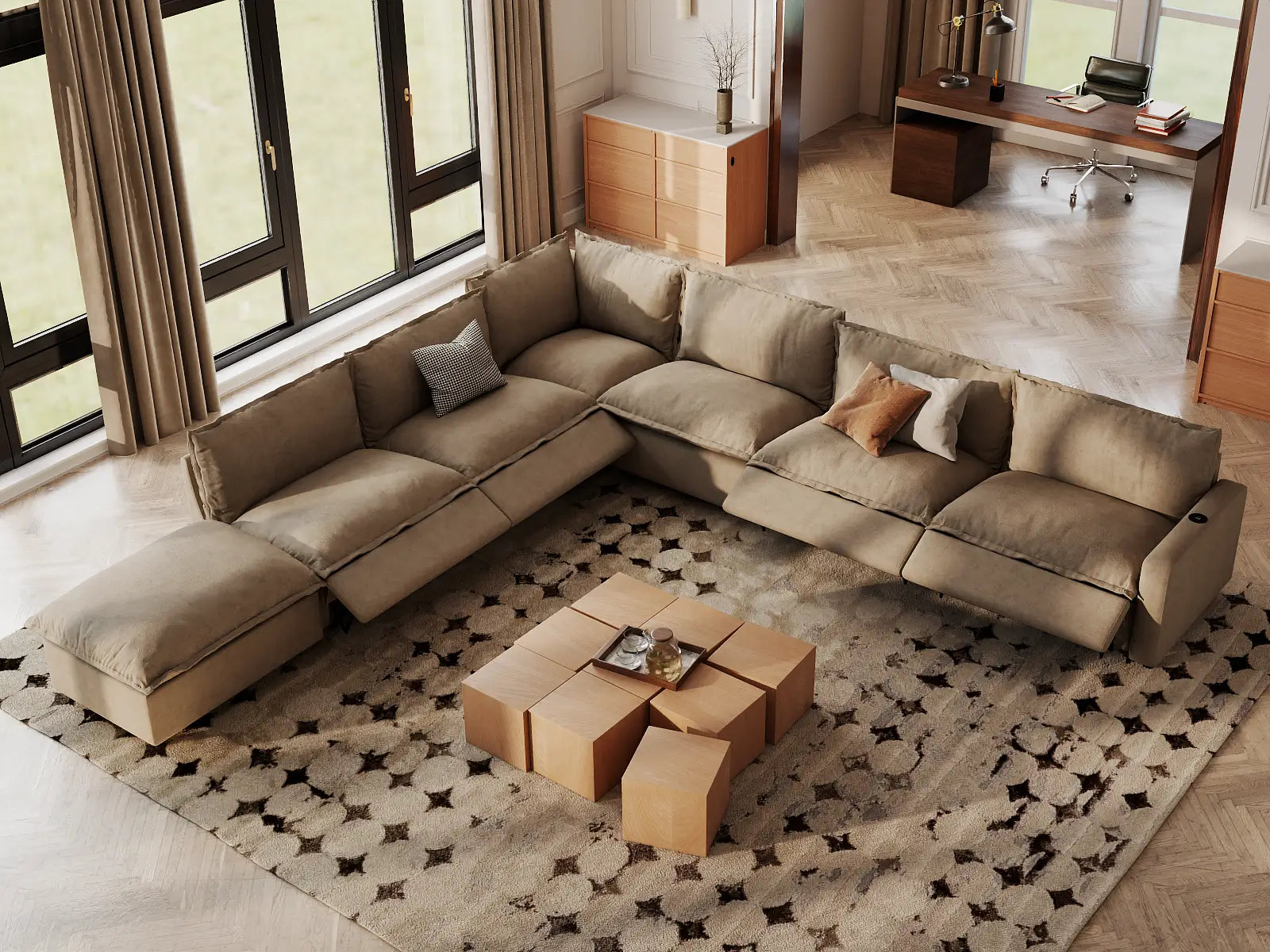 Modular Cero Sectional Sofa with Recliner and Chaise | 7-Piece Khaki Linen Large Space V-Shaped Sectionals 6-Seater with 1-Ottoman