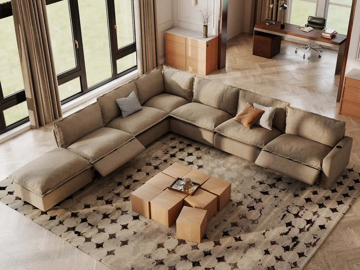 Modular Cero Reclining Sectionals | 7-Piece Khaki Linen Large Space V-Shaped Sectionals 6-Seater with 1-Ottoman