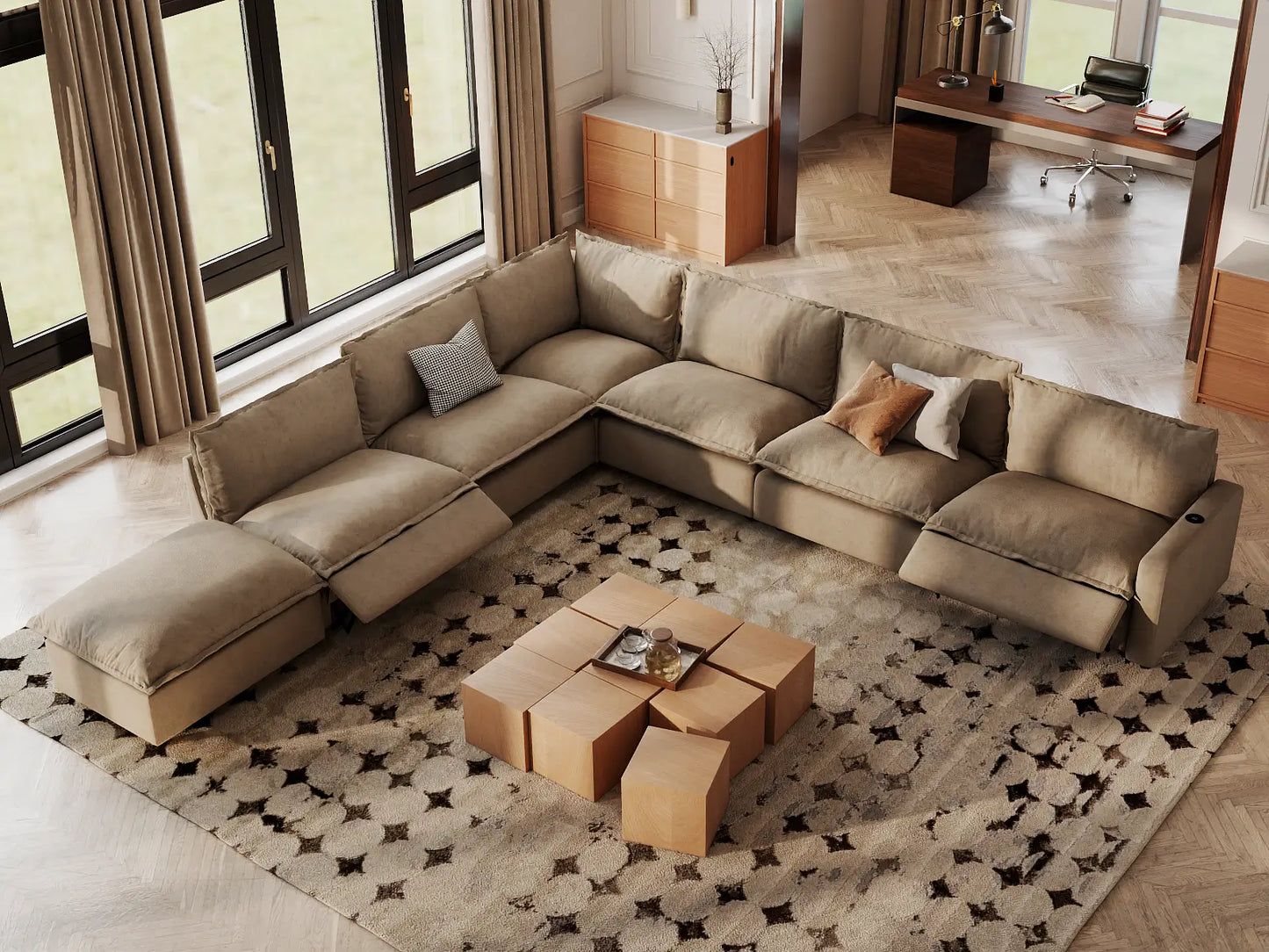 Modular Cero Reclining Sectionals | 7-Piece Khaki Linen Large Space V-Shaped Sectionals 6-Seater with 1-Ottoman