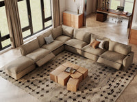 Modular Cero Reclining Sectionals | 7-Piece Khaki Linen Large Space V-Shaped Sectionals 6-Seater with 1-Ottoman