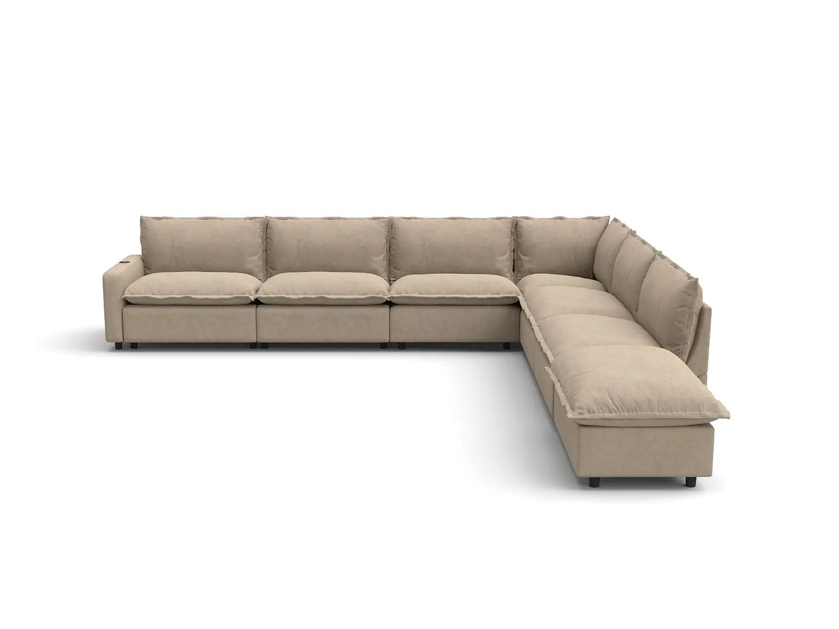 Modular Cero Reclining Sectionals | 7-Piece Khaki Linen Large Space V-Shaped Sectionals 6-Seater with 1-Ottoman