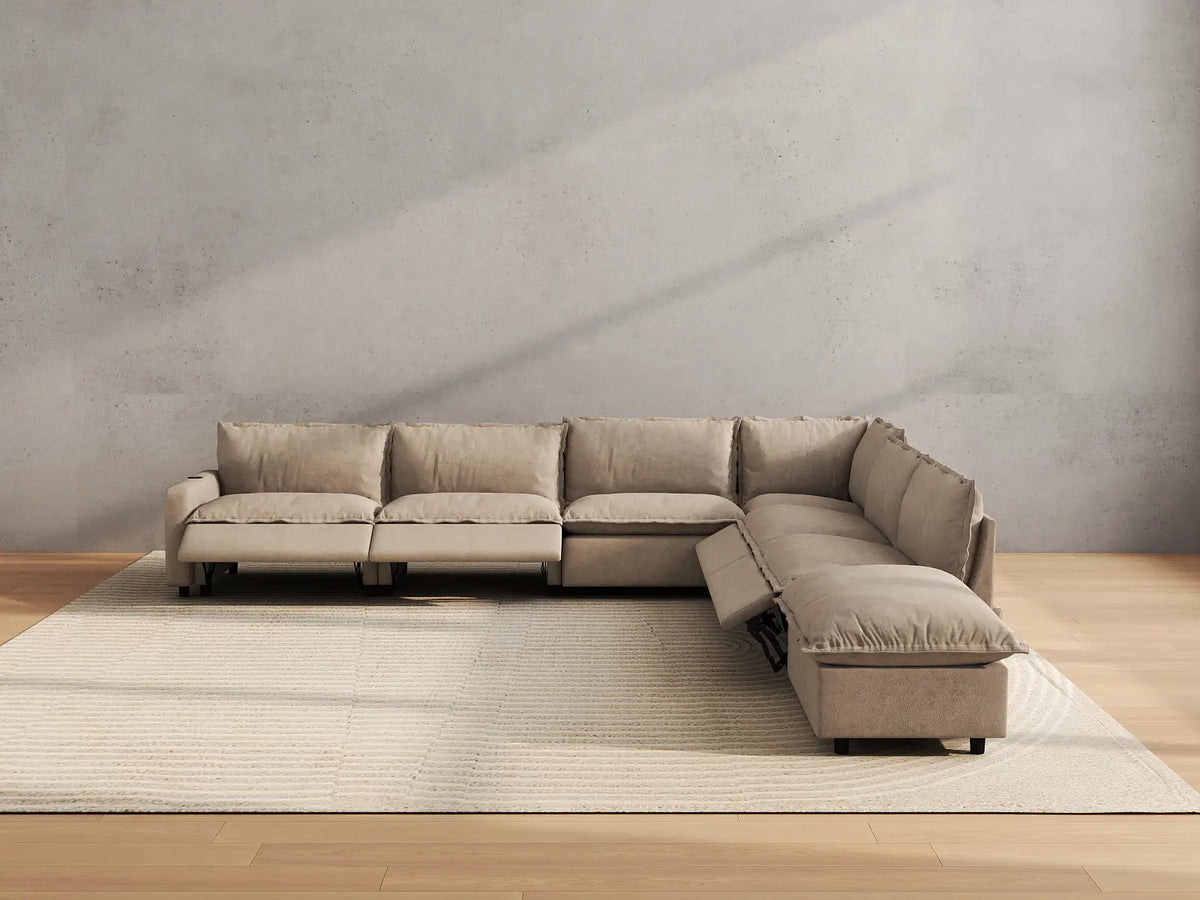 Modular Cero Reclining Sectionals | 7-Piece Khaki Linen Large Space V-Shaped Sectionals 6-Seater with 1-Ottoman
