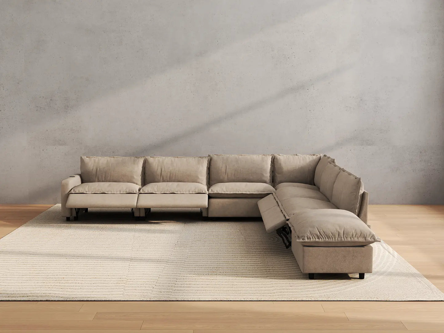 Modular Cero Reclining Sectionals | 7-Piece Khaki Linen Large Space V-Shaped Sectionals 6-Seater with 1-Ottoman