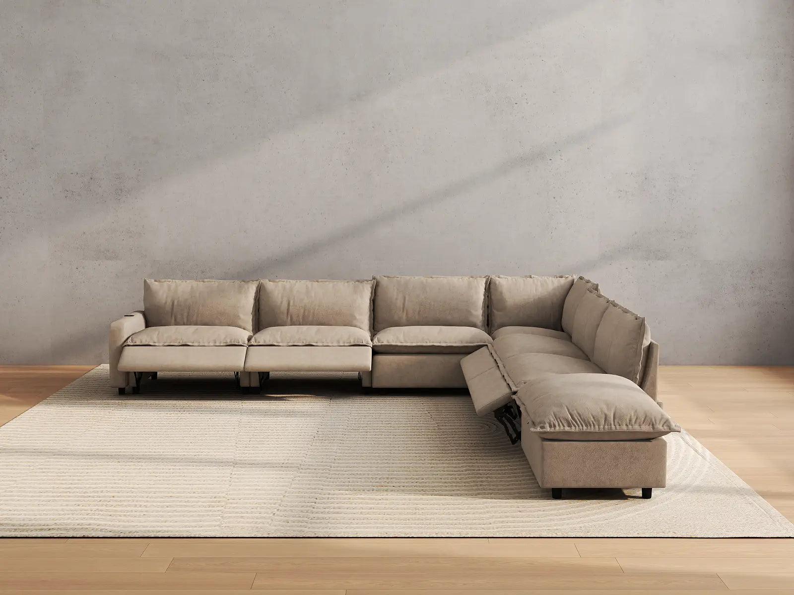 Modular Cero Sectional Sofa with Recliner and Chaise | 7-Piece Khaki Linen Large Space V-Shaped Sectionals 6-Seater with 1-Ottoman